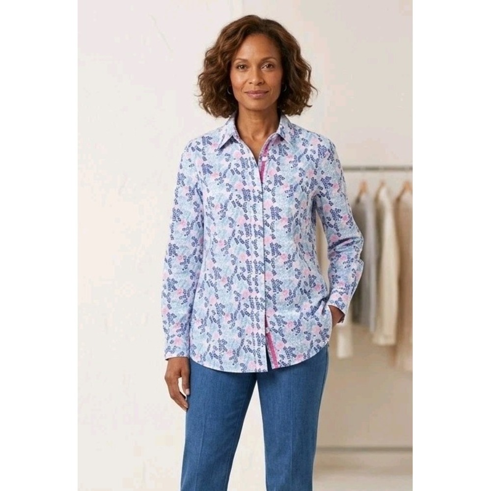 Talbots Cotton Button Front Blouse Blue Pink Floral Ferns Womens Size 1X